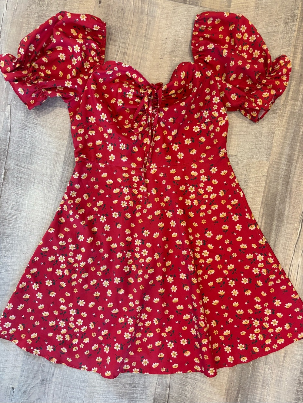 SHEIN Red Daisy Puff-Sleeve Fit-and-Flare Dress